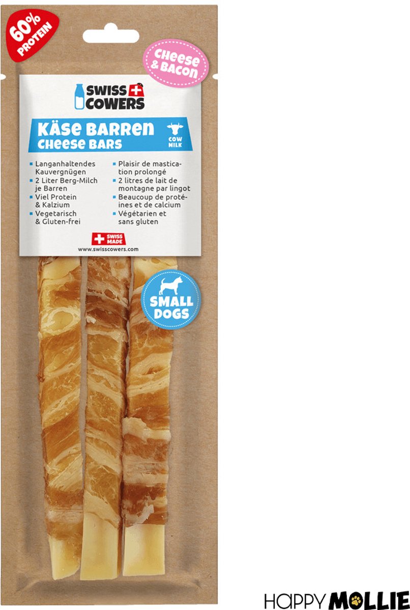 SwissCowers® Kaasstaaf - Kauwstaaf Hond - Kaas Snack - Hypoallergeen - Lactosevrij - Glutenvrij - YAK 2.0 - Met Probiotica - Kaas & Bacon - Maat S