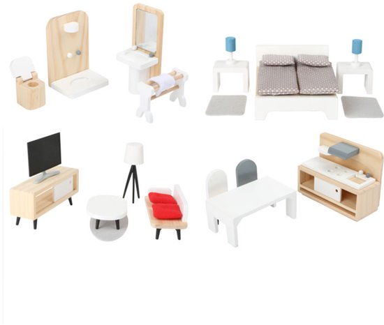 Complete set houten poppenhuismeubels met woonkamer, slaapkamer, keuken en badkamer.