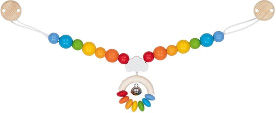 Houten kinderwagenspanner met gekleurde kralen in regenboogkleuren en een rammelaar.