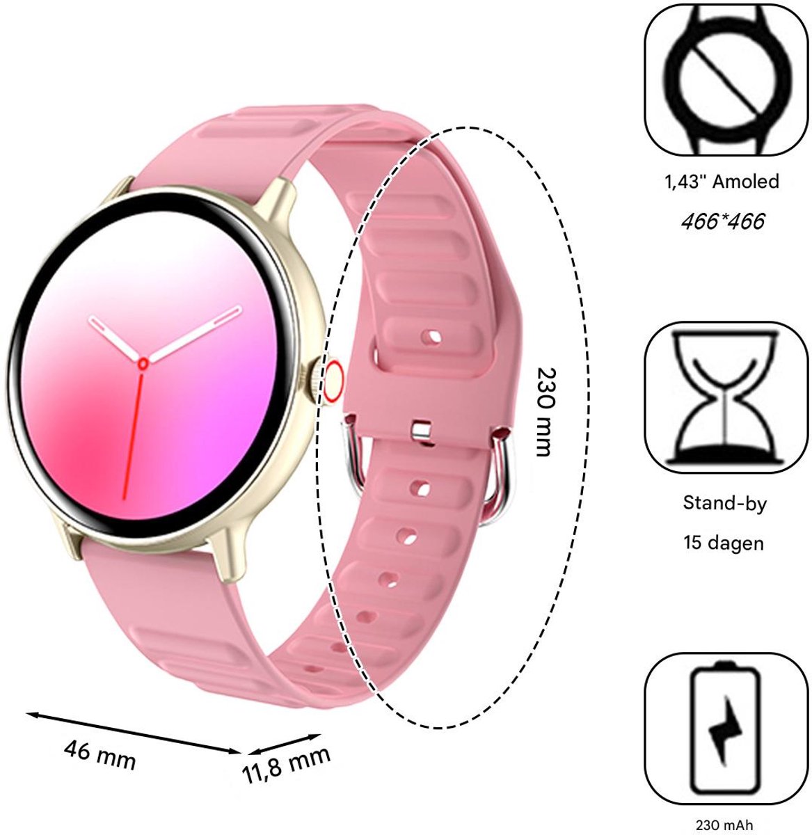 Afbeelding 2 van Dames Smartwatch 1,43 inch Roze Hartslagmonitor Waterdicht