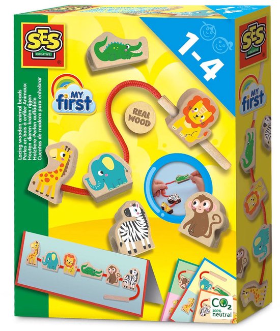 SES Creative - My First - Houten kralen rijgen - met rijgkoord en dieren kralen - inclusief voorbeeldkaarten – motorisch speelgoed 1 tot 4 jaar