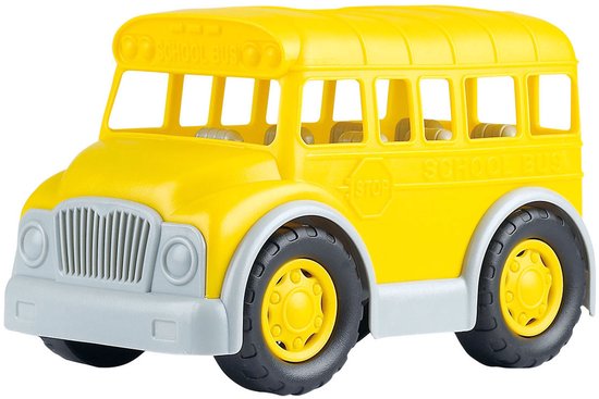 Gele Playgo schoolbus met grijze details, zwarte wielen en "SCHOOL BUS" tekst op de zijkant.