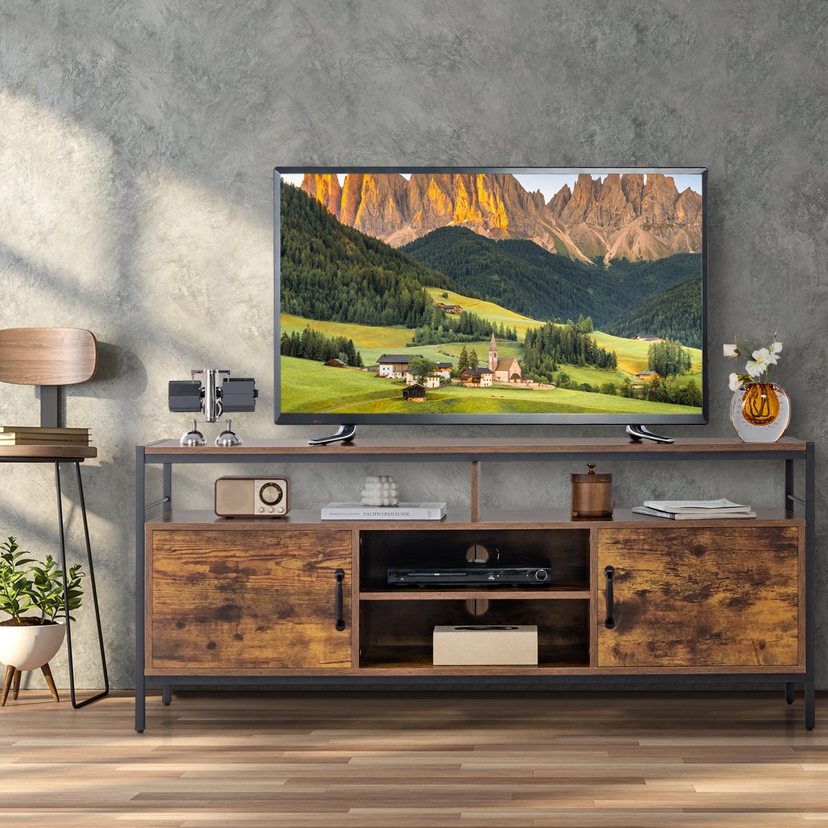 COSTWAY TV Schrank Bambus, TV Lowboard mit Rattan- & Glasschiebetür, Fernsehtisch mit