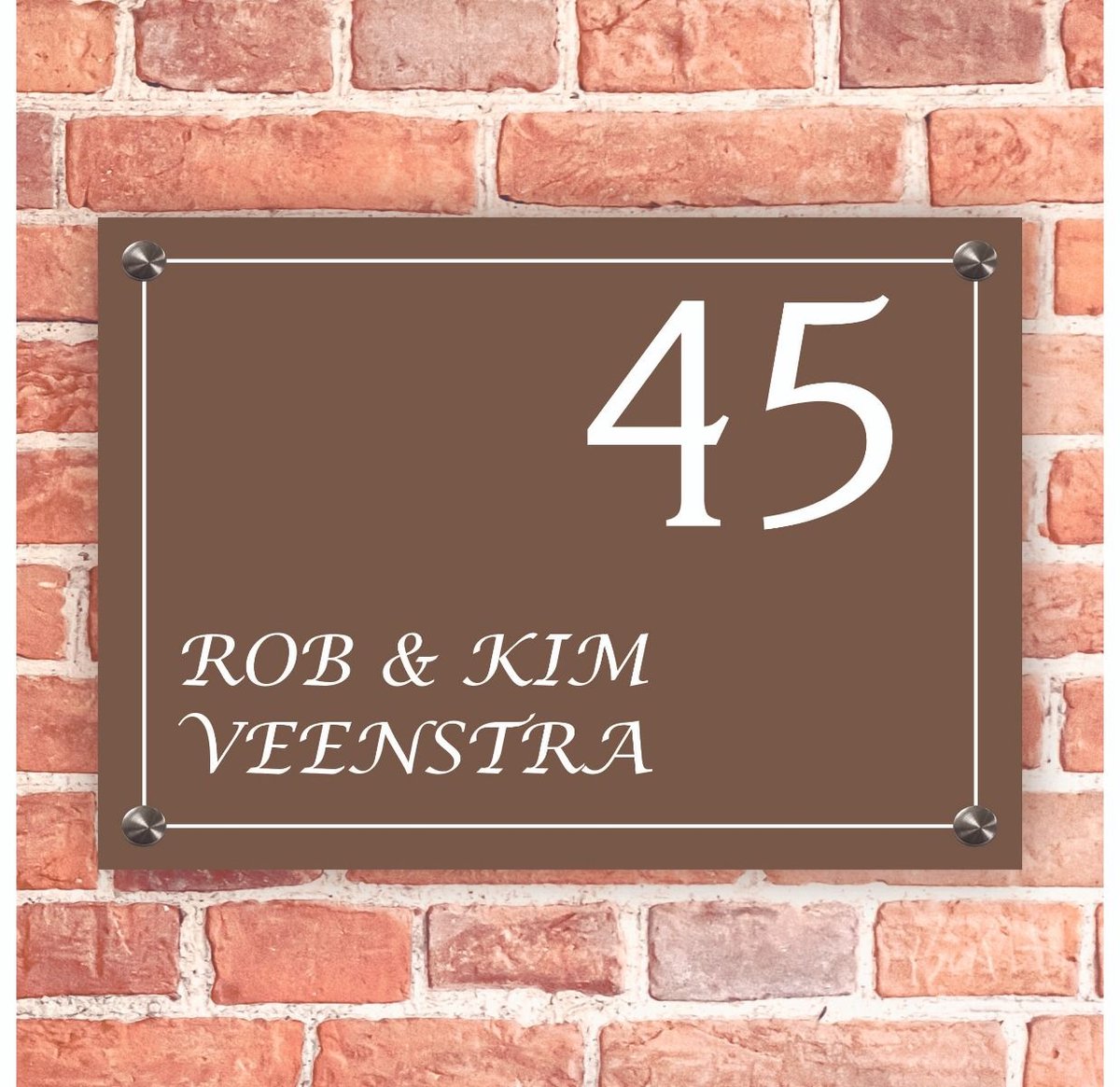 Naambordje voordeur rechthoek bruin met wit kader - 20x14cm - Incl. RVS bevestigingsmateriaal