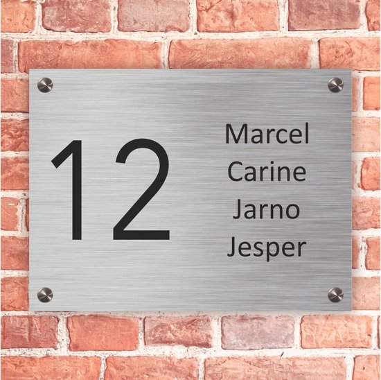 Plaque nominative pour porte d'entrée, rectangulaire, aspect inox - 20 x 14 cm - Matériel de fixation en inox inclus