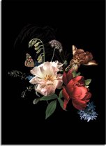 DesignClaud Vintage boeket bloemen poster - Bloemstillevens - Zwart Rood Wit A2 poster (42x59,4cm)