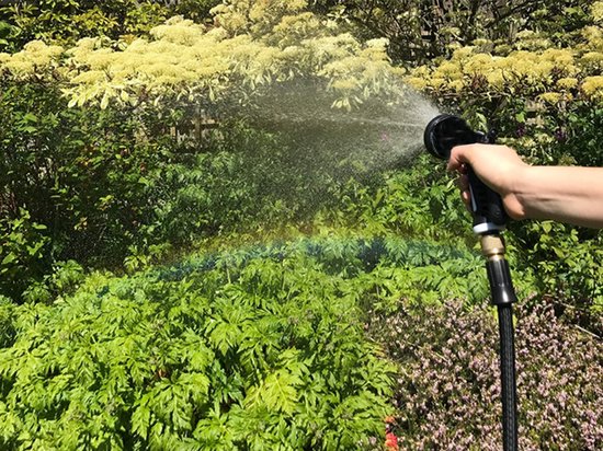 Hand die een zwart spuitpistool vasthoudt en een tuin besproeit, waardoor een regenboog ontstaat in de waternevel.