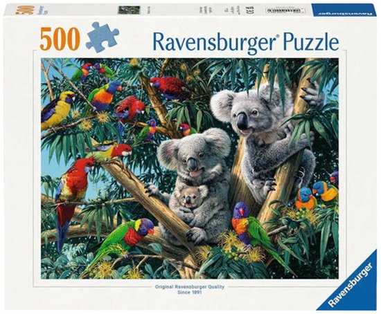 Ravensburger puzzeldoos met een afbeelding van een koala met baby, omringd door kleurrijke papegaaien.