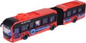 Rode gelede stadsbus met zwarte accenten, blauwe ruiten en een elektrisch logo.