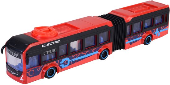 Rode gelede stadsbus met zwarte accenten, blauwe ruiten en een elektrisch logo.
