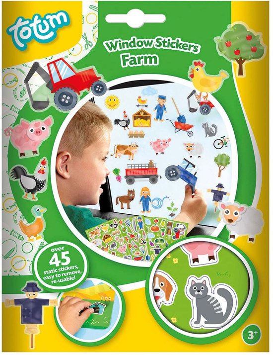 Totum boerderij raamstickers - 45 stuks - niet permanente verplaatsbare stickers boerderijdieren, voertuigen, gereedschap en bomen/fruit - incl speeldecor