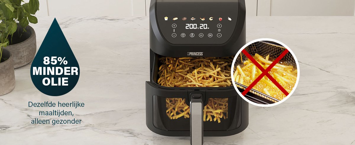 Princess SlimFry oil-free fryer - Space-saving design - BPA free - 8 L - 8 programs - Adjustable temperature & timer - 2 000 W - 182256