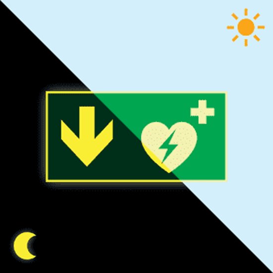 Foto: Extra lichtgevend aed bord met pijl beneden 300 x 150 mm