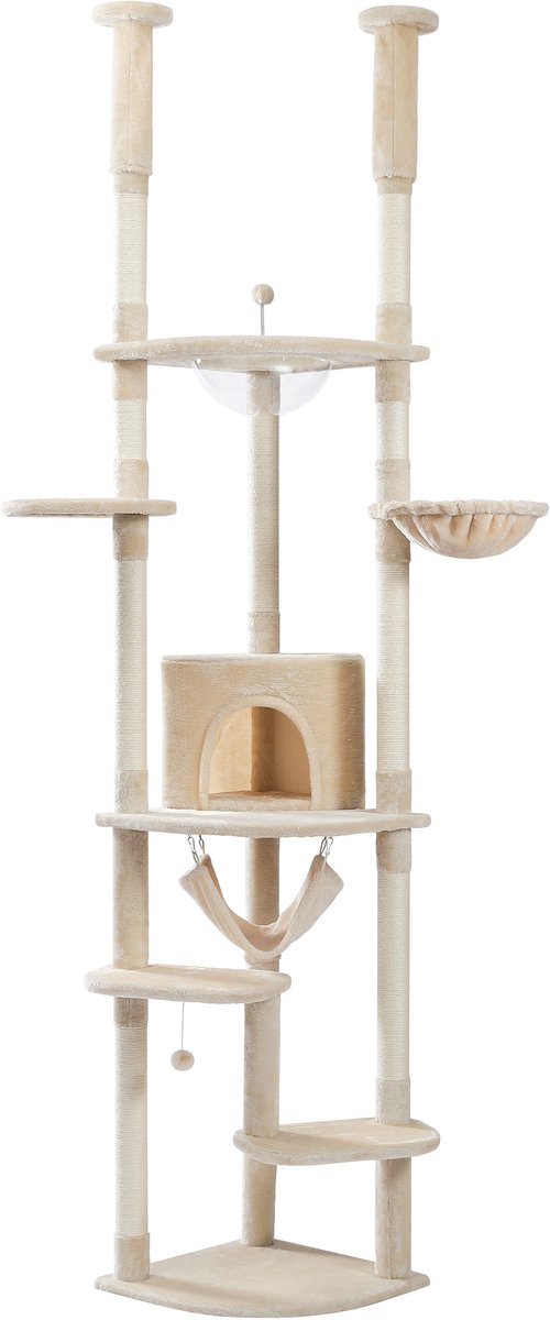 Bol.com Kattenu DualTower - Hoge Plafond Krabpaal Voor Katten - Verstelbaar van 236-258 cm - Beige - Krabpaal tot plafond aanbieding