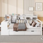 Pugsdrly Eenpersoonsbed Kinderbed bed Sofabed in massief hout 140x200 cm met bureau, planken, opbergvakken en planken met 2 grote opbergkasten wit