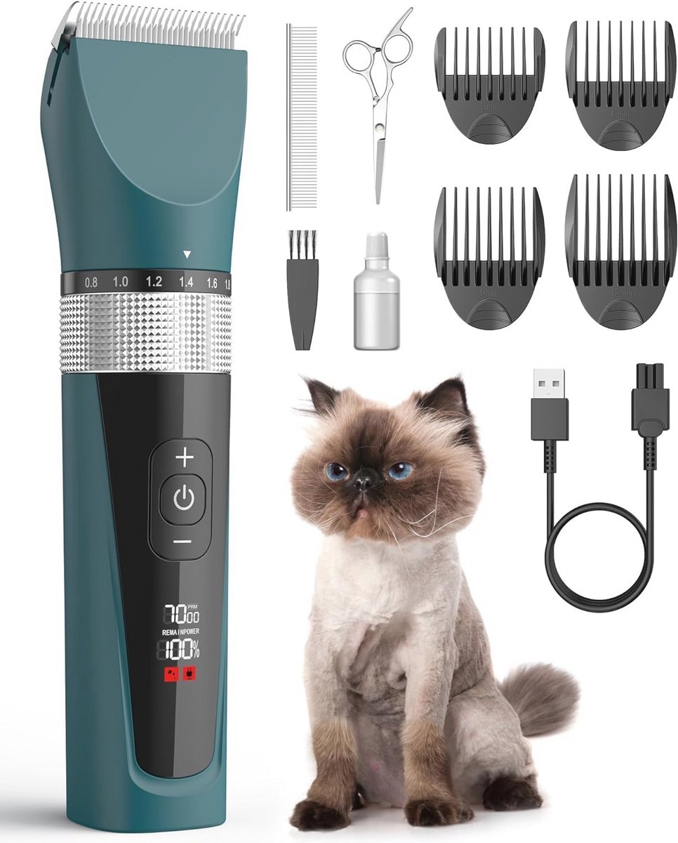 Vachtverzorgingstondeuse voor katten en honden - 5 snelheden, stil en waterdicht