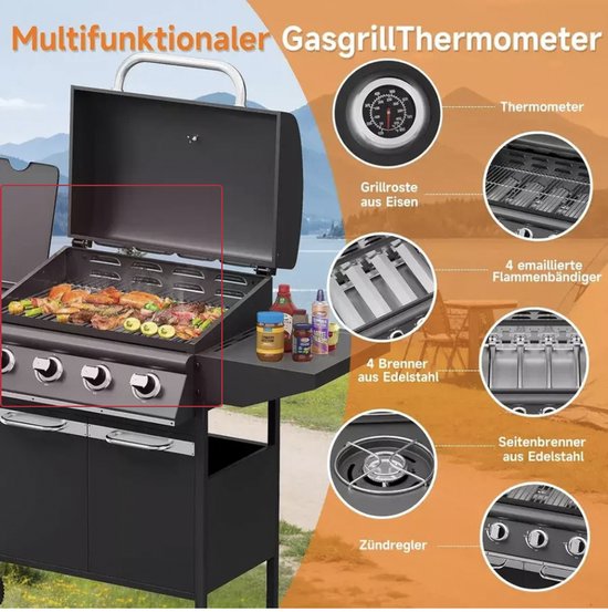 Betaalbare Gas BBQ 15KW - Buitenkeuken - Barbecue - 4+1 branders en zijbrander - Goede kwaliteit - Stevig - EU gecertificeerd - Zwart van MAXXgarden — afbeelding 4