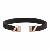 My Bendel zwarte klemarmband met zirkonia - Klemarmband van geweven zwart edelstaal met rose gouden bedels - Met luxe cadeauverpakking