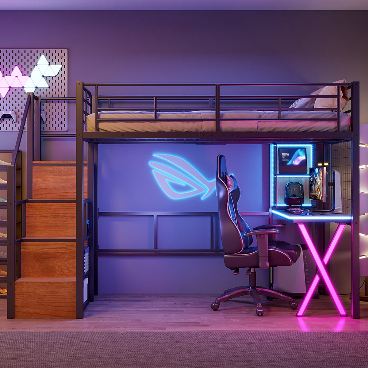 Pugsdrly Hoogslaper - Eenpersoonsbedden - 90*200 cm - met LED-verlichting - opbergladder - bureau - kledingkast - planken - zwart - zonder matras