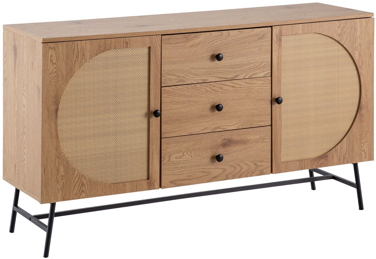 dressoir 140x80x40 cm ladekast eiken decor met rotanweefsel moderne, hoge ladekast, staande kast met 2 deuren en 3 laden, dressoir woonkamer