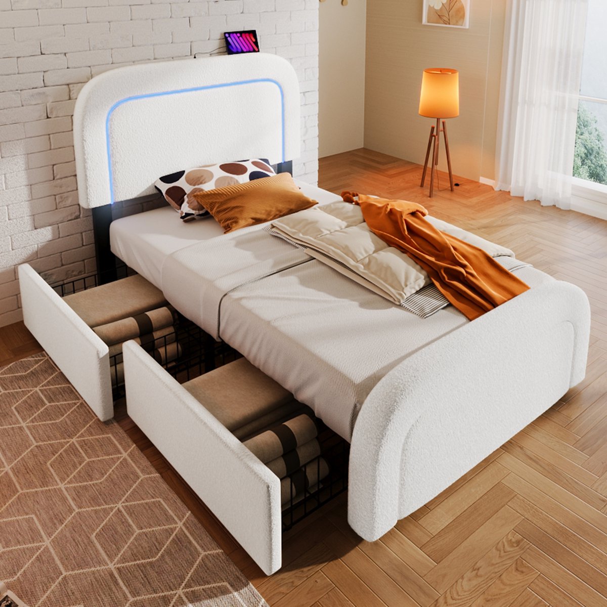 Merax Bedframe met USB-C oplader, ledverlichting en 2 lades - 90x200 cm - Sherpa wit (zonder matras)