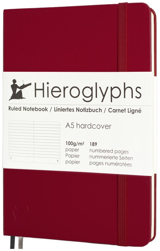 Hieroglyphs Notitieboek A5 Gelijnd - Hardcover - 189 Genummerde Pagina’s - 100 Grams Papier - Elastiek - Scharlaken Rood