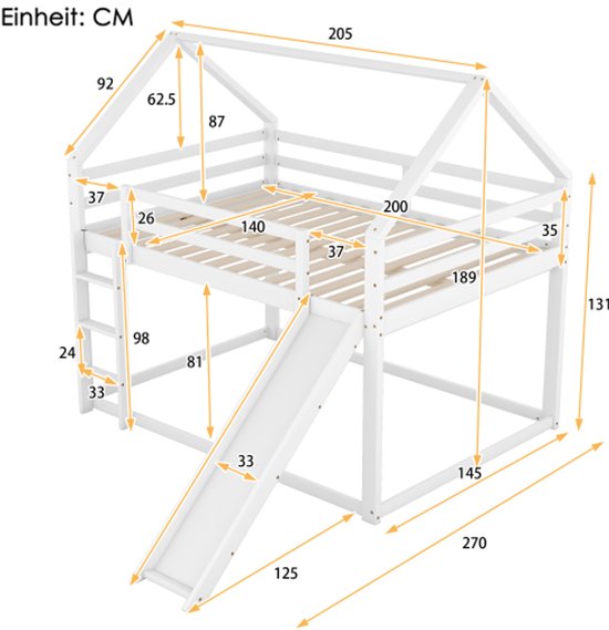 Tweepersoonsbed, kinderbed, huisbed, stapelbed met glijbaan en ladder, kinderkamer, hoog-dubbel stapelbed (grijs, 140x200 cm