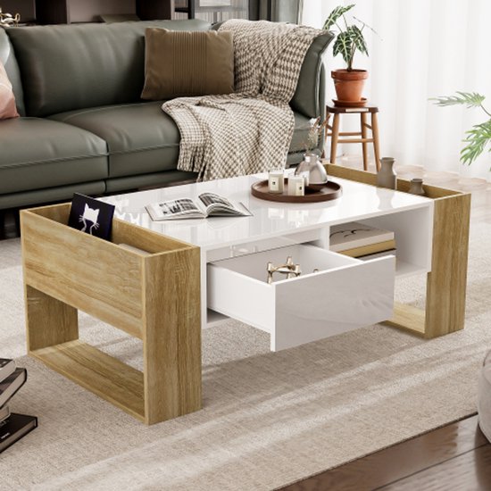 Apprendrelogic. Table basse moderne 105 x 60 x 40 cm - partiellement brillante, avec tiroirs et compartiments ouverts