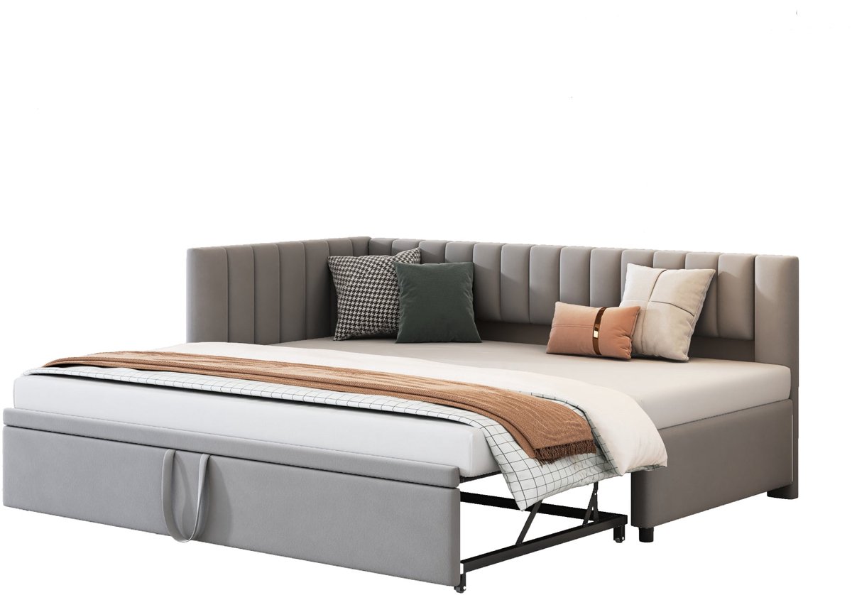 Merax L Vorm Slaapbank met Uitklapbaar Logeerbed - Vergrootbaar Bed van 90x200 tot 180x200 - Gestoffeerd in Luxe Fluweel Grijs