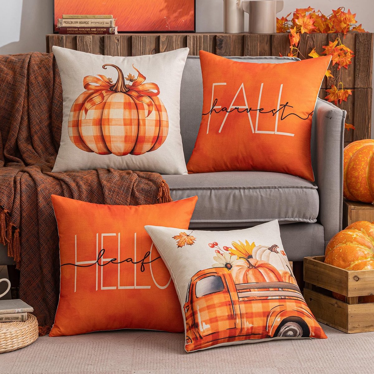 Ibenzoa® Seizoensdecoratie Kussenhoezen Set - 4 Stuks, Herfstthema met Geometrische Patronen