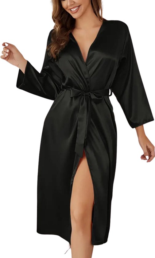 Bovista Satijnen Badjas Dames - Kimono - Kamerjas - Satijn - Ochtendjas - Pyjama - Zwart - Maat XL