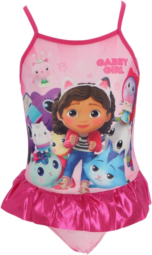 Roze zwempak met Gabby en vriendjes. Met glitterrandje onderaan.
