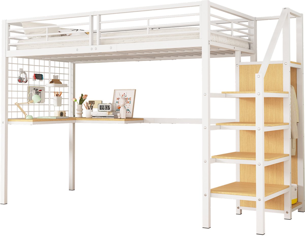 Merax Hoogslaper 90x200 met Bureau en Kast - Kinderbed met Trap en Uitvalbeveiliging – Wit met Naturel Hout Bruin