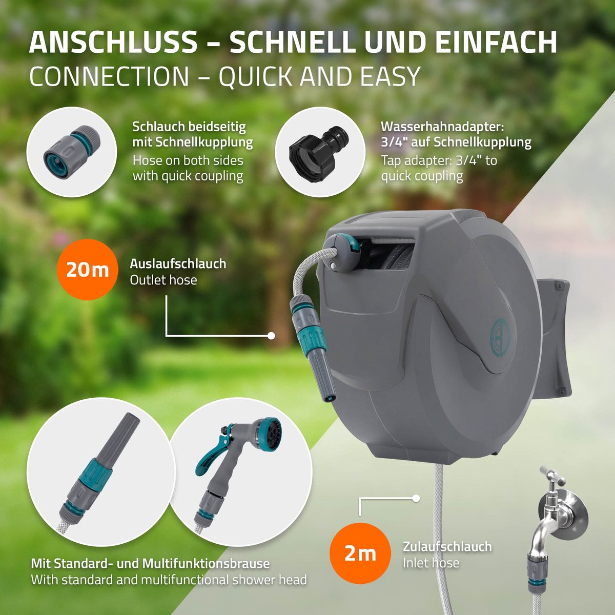 ECD Germany rollup tuinslanghaspel 20m+2m muurgemonteerde slanghouder met automatisch oprolmechanisme vergrendelingssysteem 9 sproeifuncties 180° zwenkbaar waterslangbox voor wandbevestiging ideaal voor tuin en terrasonderhoud – foto 6
