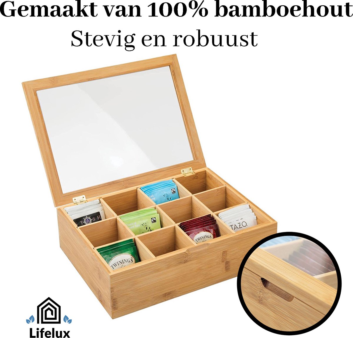 LifeLux Luxe Bamboe Theebox 12 vakken – Stijlvolle Thee Opbergdoos met Doorzichtige Bovenkant | Organizer voor Theezakjes & Accessoires — cadeau in Wonen & Interieur - foto 8