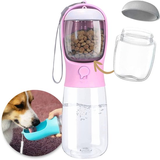 Dogs&Co® 2-in-1 Water- en Voerfles voor Honden - Roze 500ML - drinkfles hond - waterbak hond - opvouwbare waterfles