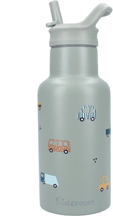Bouteille verte claire avec logo Kidzroom et divers véhicules colorés : bus bleu, bus marron, voiture jaune, camion bleu.