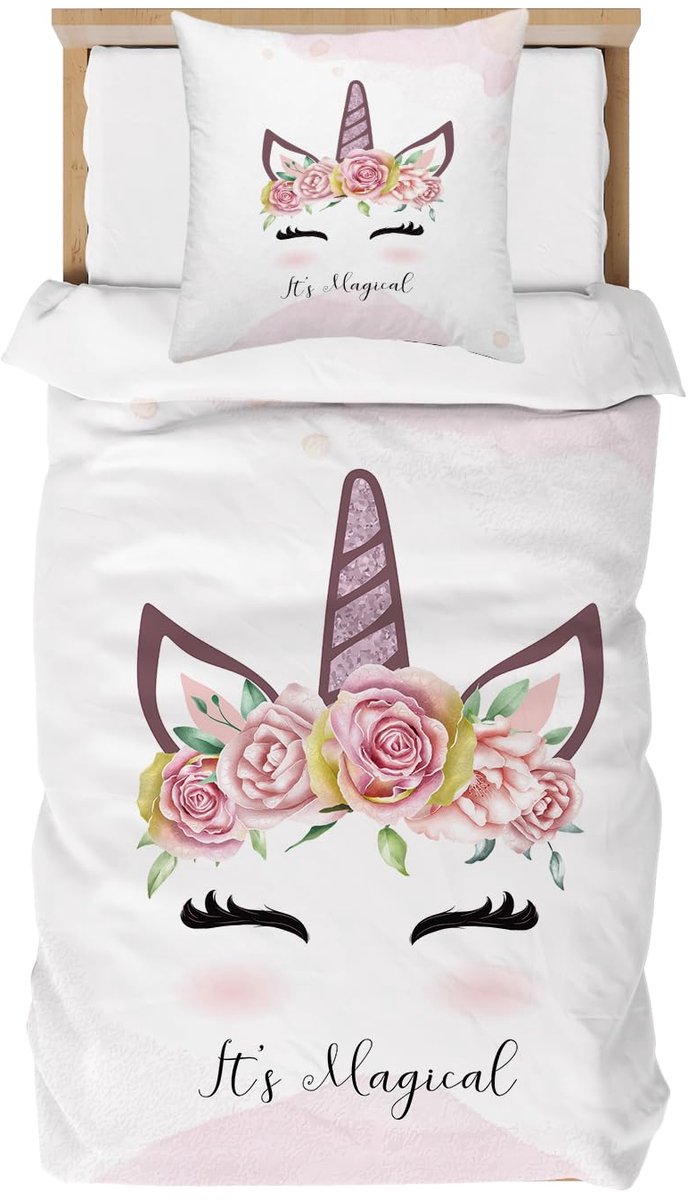 Unyqoos Betoverend Kinderbeddengoed met Eenhoorn en Bloemen voor Meisjes, Zacht Microvezel, 2-Delig Set kleur d