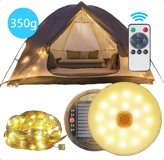 Tech Essentials® Solar Camping Lichtsnoer Met Afstandsbediening - 10 Meter - IP67 Waterdicht - Oprolbaar - Oplaadbaar - Warm-Wit | Verlichting Buiten Slinger - Lampjes - Lampenslinger - Kampeerlamp - Tentlamp