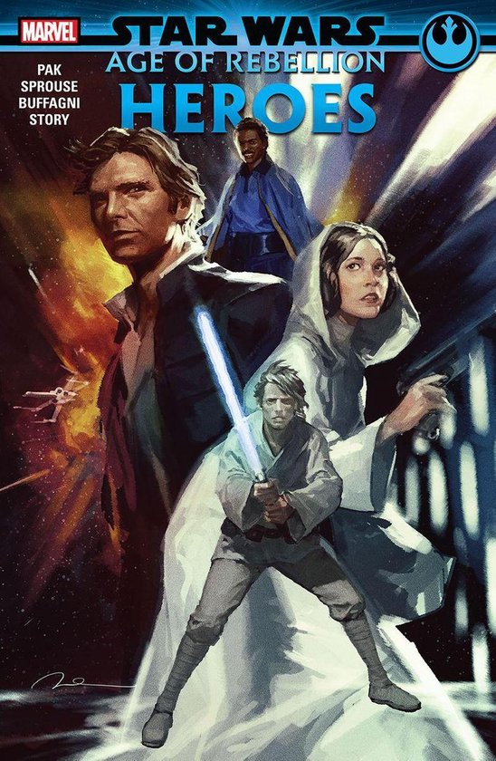 Star Wars Age of Rebellion Heroes stripboek cover met Han Solo, Princess Leia, Luke Skywalker en Lando Calrissian.