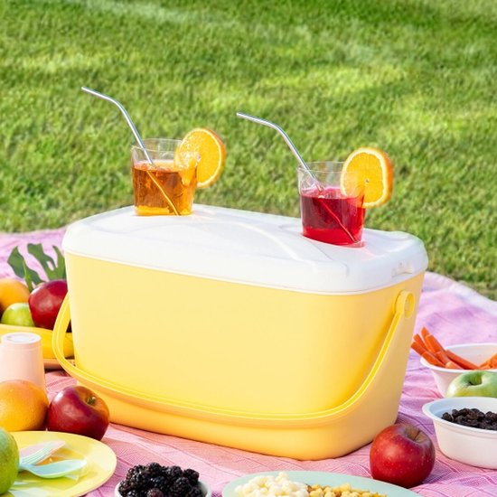 Koelbox - Frigobox - Retro - Picknick - 15 Liter - met Hendel en Deksel die als Dienblad gebruikt kan worden voor hapjes en 2 Bekerhouders van Merkloos — afbeelding 3