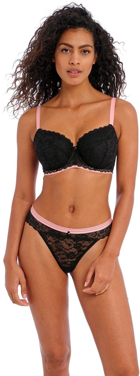 Freya Off Beat BH – Padded Half Cup – Zwart met Roze Accenten – Luxe Kant – Met Beugel – Comfortabele Pasvorm - 75-90 F-cup