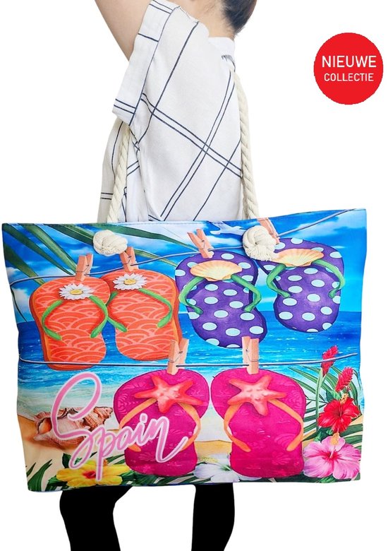 Grand Shopper été - Grand sac de plage zippé - Sac week-end XL - Grand sac - Sac shopper - Vacances| Excursion| Imprimé fleurs Blauw et roses