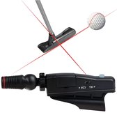 Een illustratie toont hoe de laserpointer een rode lijn projecteert op een golfbal en putter. Een ander deel toont de laserpointer zelf.