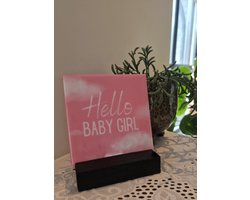 Tegeltje Hello Baby Girl - Hippe Spreuktegel - Keramisch - Tekst Tegel - Quote - Tegeltje met Print - Kraam Cadeau - Geboorte Kado - Kraamvisite - Meisje Geboren -