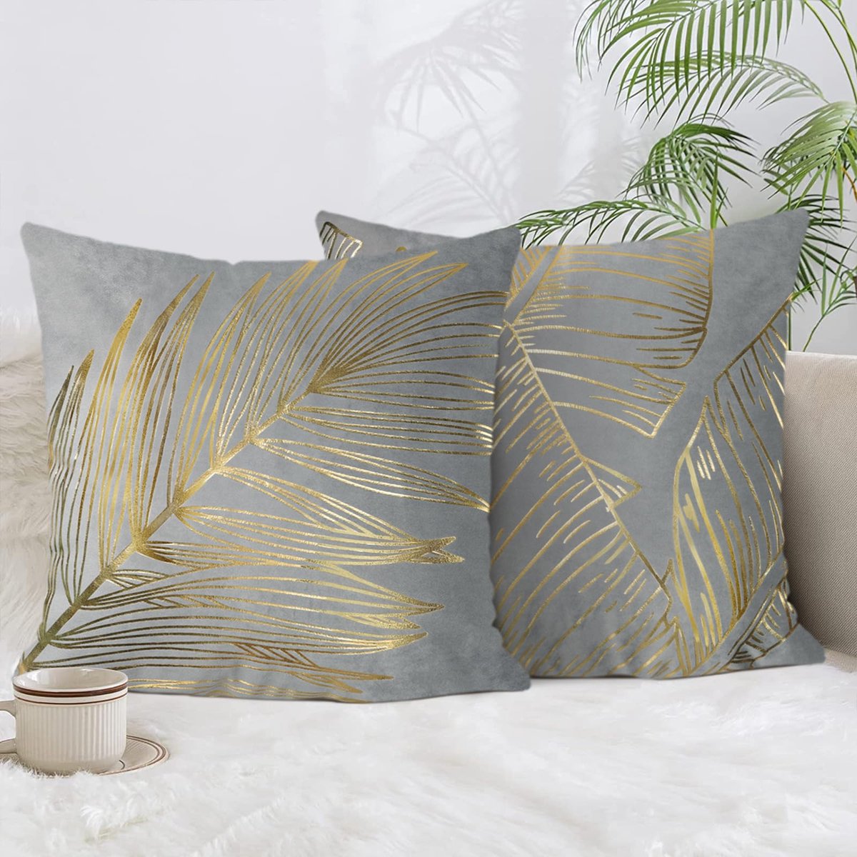 Ibenzoa® Luxueuze Set van 2 Fluwelen Kussenslopen met Gouden Bladeren Motief voor Stijlvolle Interieurdecoratie