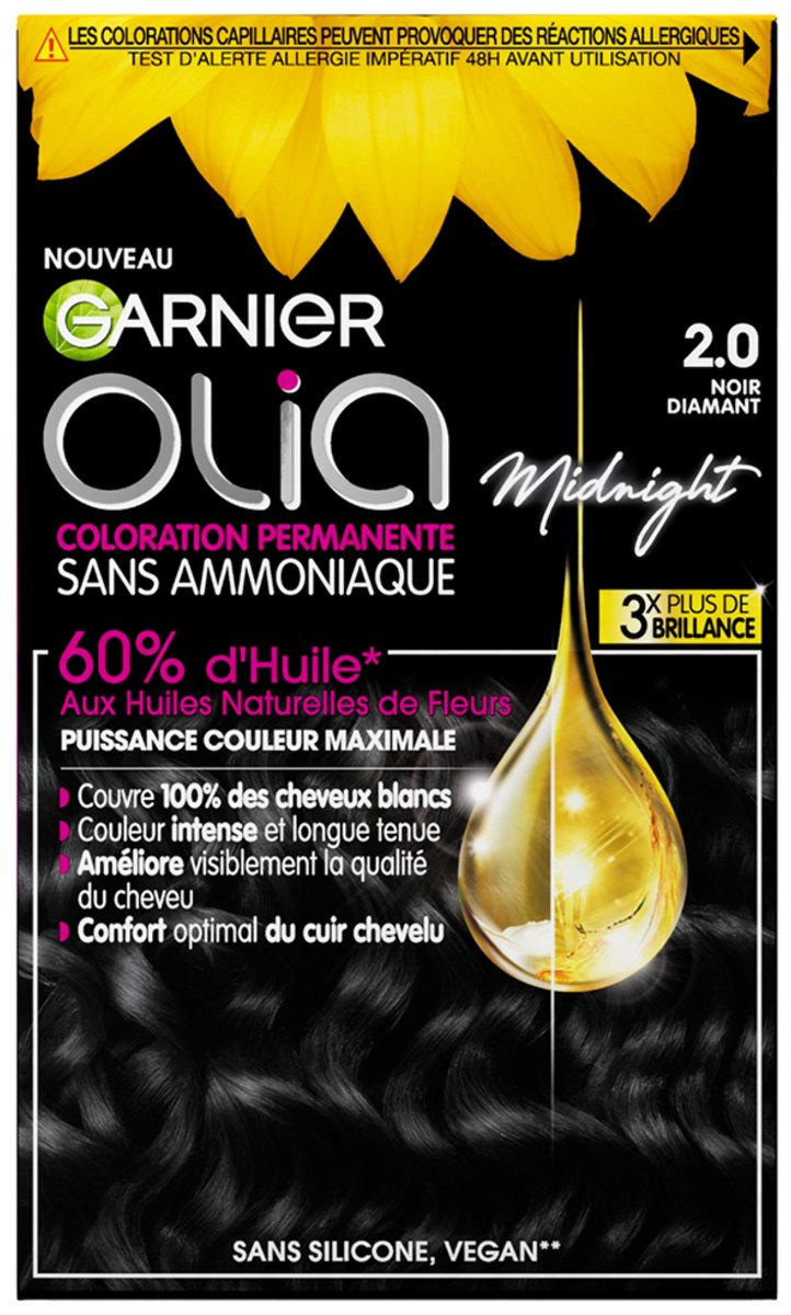 Garnier Olia Ammoniavrije Permanente Haarkleuring 120 g (Kleuren : 2.0 Diamantzwart)
