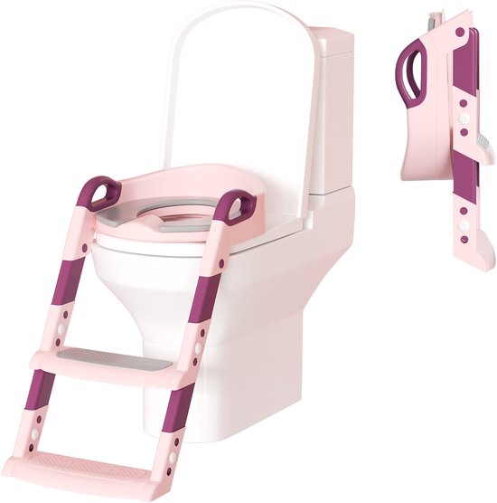 Roze toiletverkleiner met paarse accenten en opstapje, passend op een witte toiletpot. Opvouwbaar model.