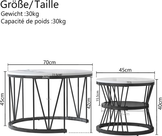 Set de 2 tables basses rondes 70/45 cm, plateau en V Étagère dorée + plateau blanc avec motif marbre, convient pour salon, salle de café, salon - Wit avec Zwart