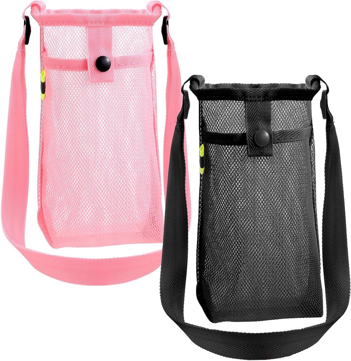 2 stuks waterfleshouder met riem nettas voor waterflessen met verstelbare schouderriem voor wandelingen, reizen, en wandelen - marineblauw en zwart